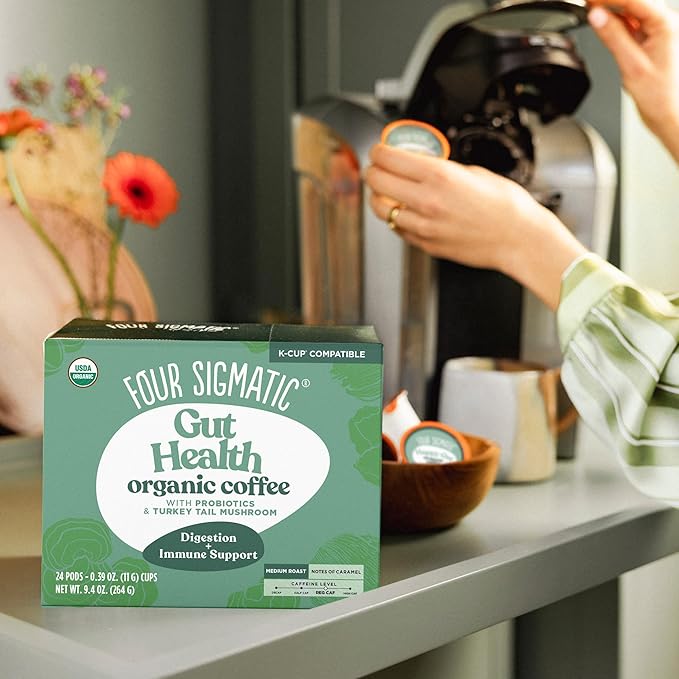 Four Sigmatic Gut Health Organic Coffee Pods | Medium Roast Probiotic K Cups with Chaga and Turkey