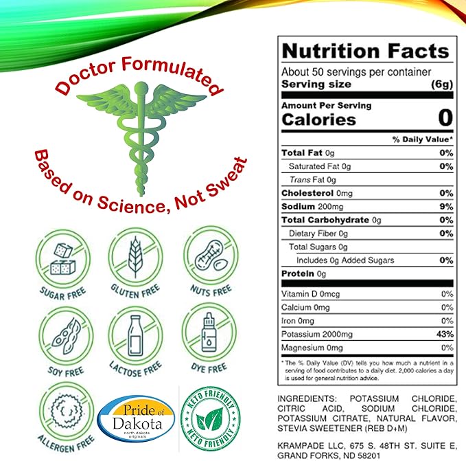 Electrolytes Powder Potassium Powder Supplement - 2000 mg Potassium | Keto Friendly | Cramp Relief