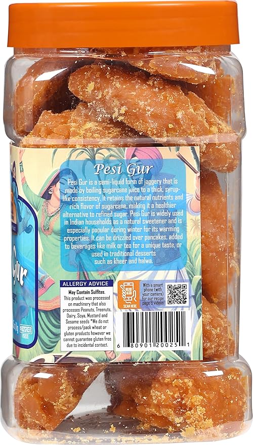 Rani Pesi Gur (Jaggery) Indian Unrefined Raw Cane Sugar 35oz (2.2lbs) 1kg PET Jar ~ Gluten Friendly