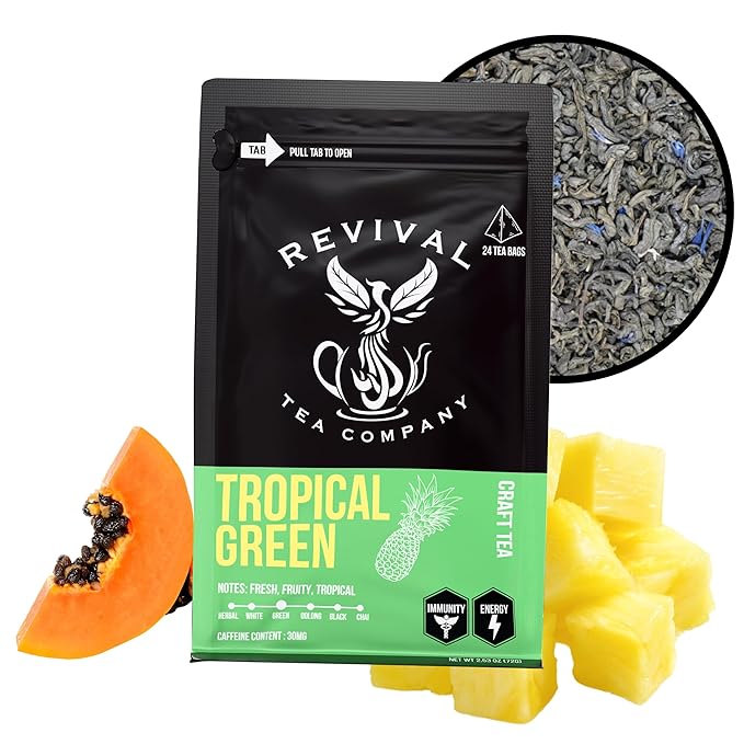 Revival Tea Company Tropical Green Tea - Green Tea Blend with Pineapple and Papaya Flavor - Loose