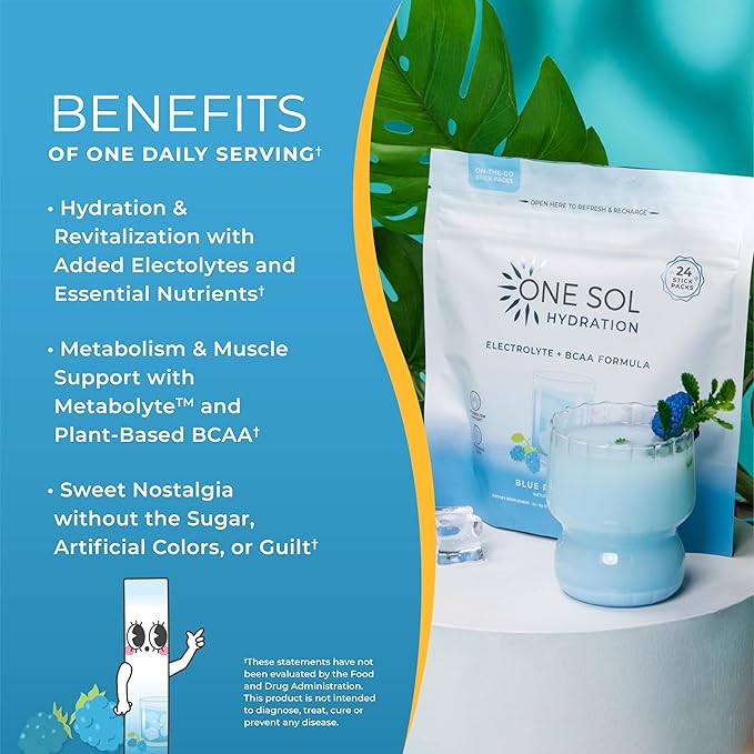 One Sol BCAA & Electrolyte Powder for Hydration & Energy, All-Natural Formula, 100% Vegan, Non-GMO