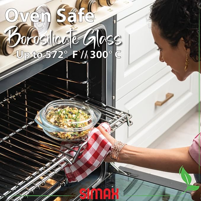 Simax Casserole Dish With Lid, 24 Ounce Round Glass Cookware, Oven and Microwave Safe Borosilicate