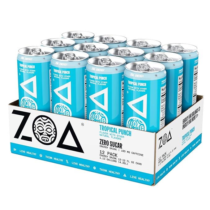 ZOA Zero Sugar Energy Drinks, Tropical Taste Pack - Sugar Free with Electrolytes, Healthy Vitamin