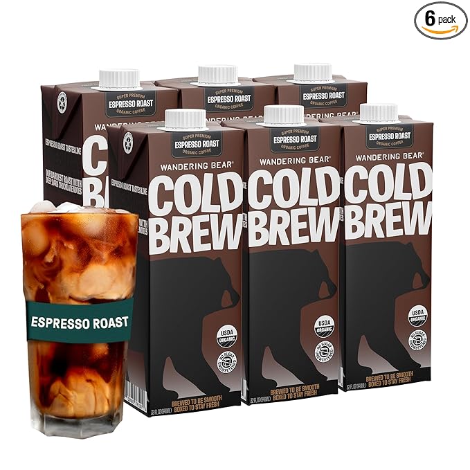 Wandering Bear Espresso Roast Organic Cold Brew Coffee, 32 fl oz, 6 pack - Extra Strong, Bold