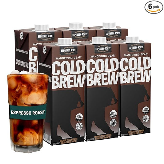 Wandering Bear Espresso Roast Organic Cold Brew Coffee, 32 fl oz, 6 pack - Extra Strong, Bold