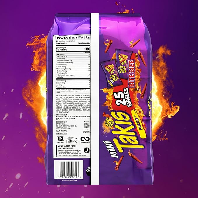 Takis Fuego Mini 25 pc / 1.23 oz Bite Size Multipack, Hot Chili Pepper & Lime Flavored Extreme
