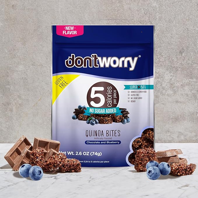 Don't Worry Chocolate, Blue Berry, Almond Quinoa Bites 4 Pack- Low Calorie Keto Snacks, Only 5