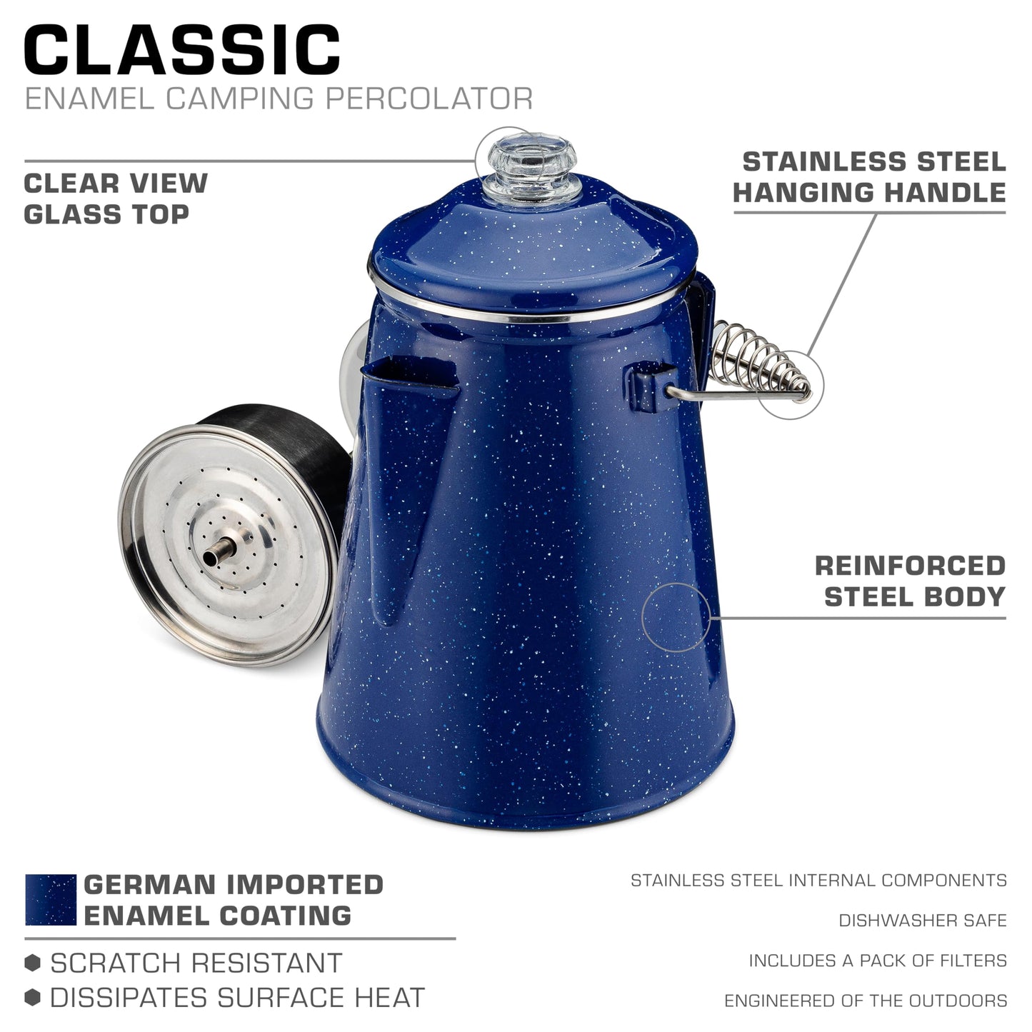 COLETTI Classic Percolator Coffee Pot — The Most Nostalgic Camping Coffee Pot, Now Modernized [Blue