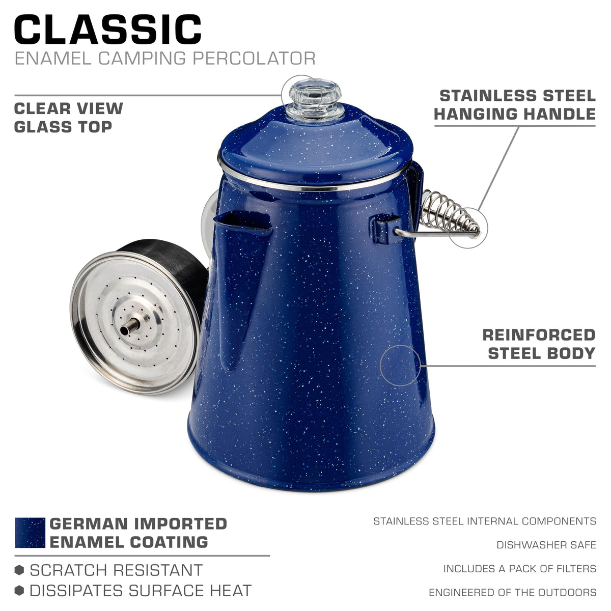 COLETTI Classic Percolator Coffee Pot — The Most Nostalgic Camping Coffee Pot, Now Modernized [Blue