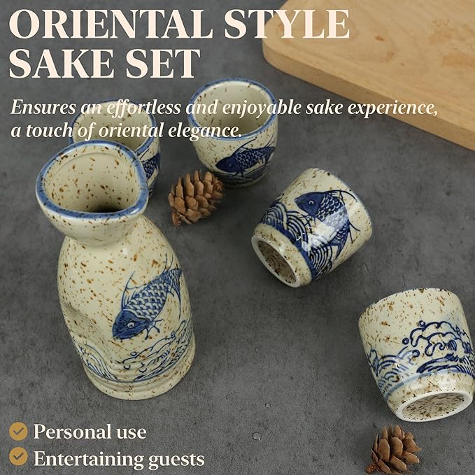 Ceramic Sake Set, 5pcs Japanese Saki Set with 1 Sake Carafe 4 Sake Cups, Saki Cup Set as Gift for