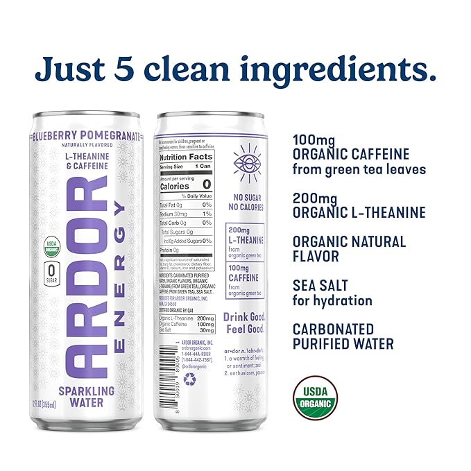 ARDOR ENERGY Sparkling Water with 100mg Natural Caffeine & 200mg L-Theanine from Organic Green Tea
