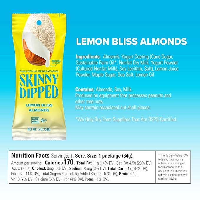 SkinnyDipped Lemon Bliss Almonds, Chocolate Covered Almonds, Low Sugar, Gluten Free, Healthy Snack