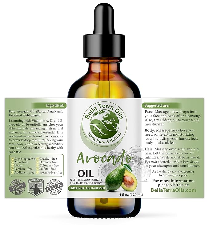 Bella Terra Oils - Avocado Oil 4oz - Pure Essence of Cold-Pressed Avocado, Boosted with Vitamin A