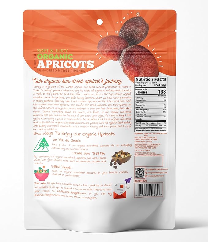 Perfect Delights Organic Snack Pack Apricot, Sun-Dried Turkish Apricots, On-the-Go Vegan, Healthy