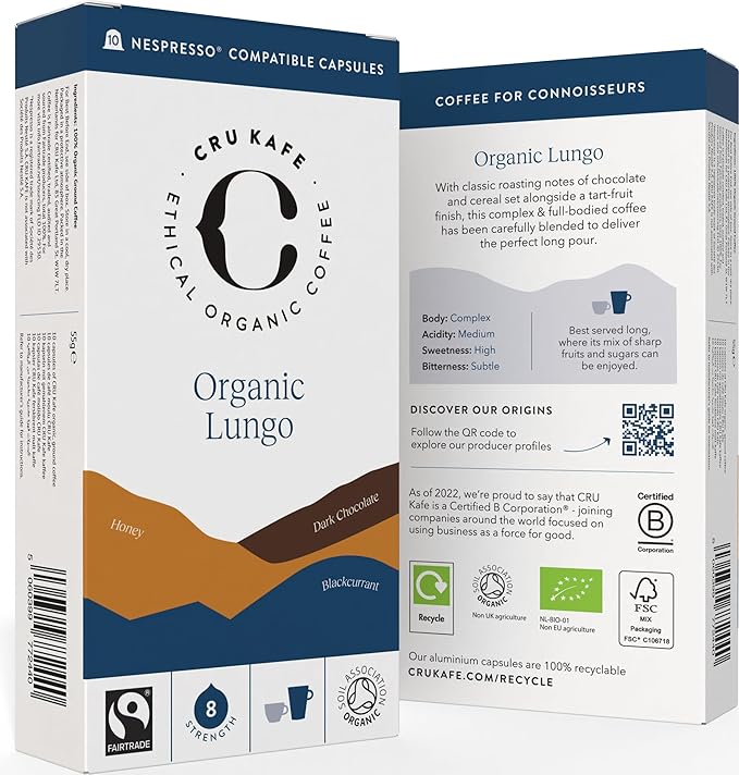Cru Kafe Lungo Americano Strong USDA Organic Espresso Coffee Capsules (50 Pods) Fairtrade Coffee