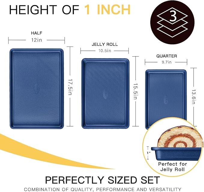 HONGBAKE Baking Sheet Pan Set, Cookie Sheets for Oven, Nonstick Half/Quarter/Jelly Roll Pans with