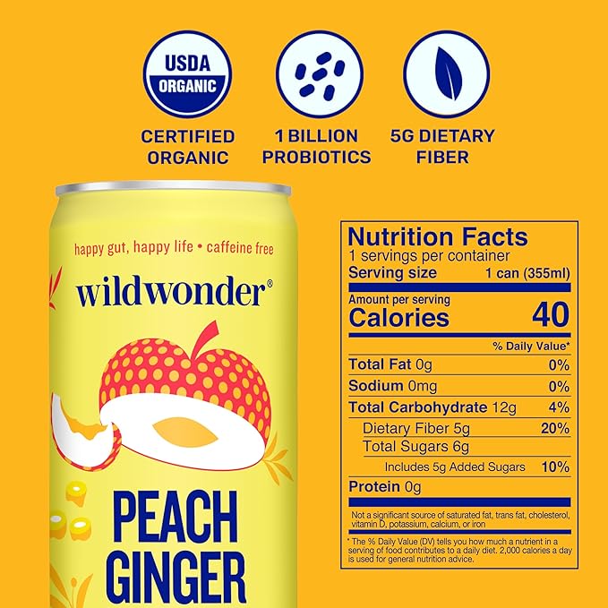 wildwonder Sparkling Probiotic Drink 12pk, For Gut Health & Immune Support, Peach Ginger, 5g