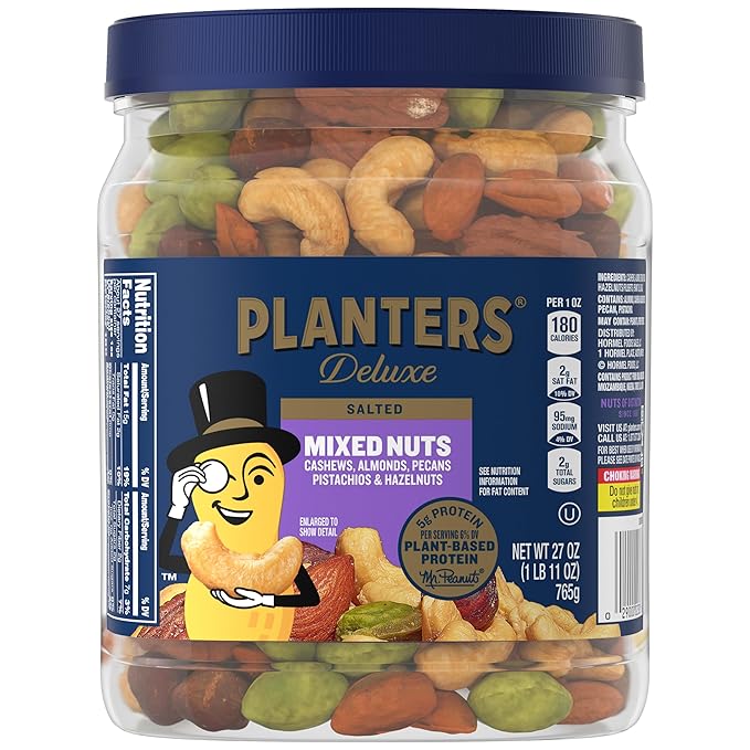 PLANTERS Deluxe Mixed Nuts, Cashews, Almonds, Pecans, Pistachios, Hazelnuts, Roasted with Sea Salt