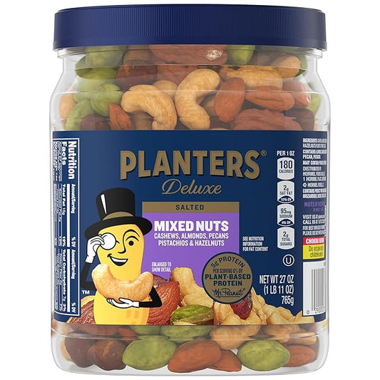 PLANTERS Deluxe Mixed Nuts, Cashews, Almonds, Pecans, Pistachios, Hazelnuts, Roasted with Sea Salt