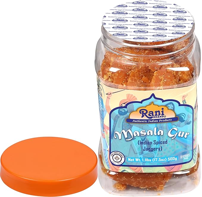 Rani Masala Gur (Jaggery) Indian Unrefined Raw Cane Sugar 17.5oz (1.1lbs) 500g PET Jar ~ Gluten