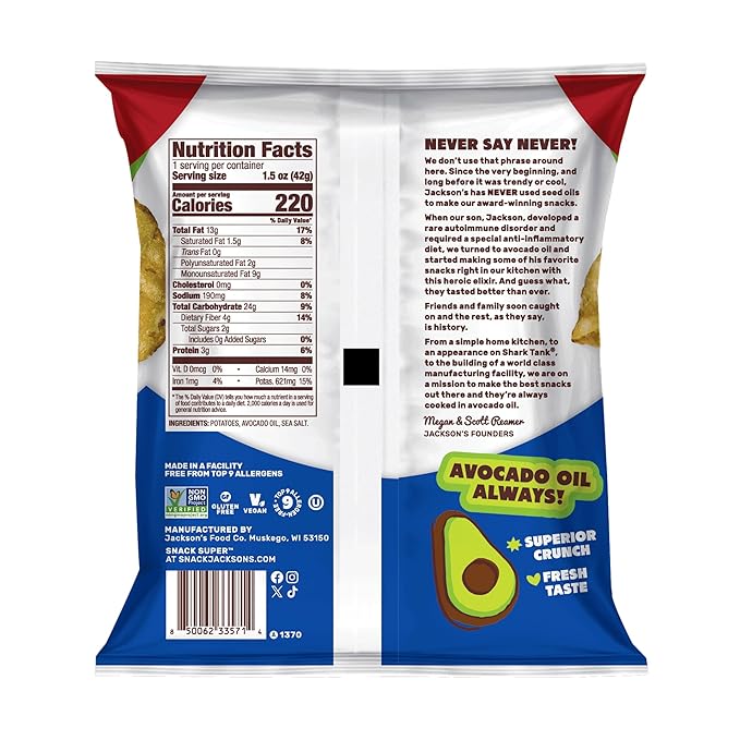 Jackson?™s Potato Classic Kettle Chips with Sea Salt (1.5oz, Pack of 18) - Made with Premium