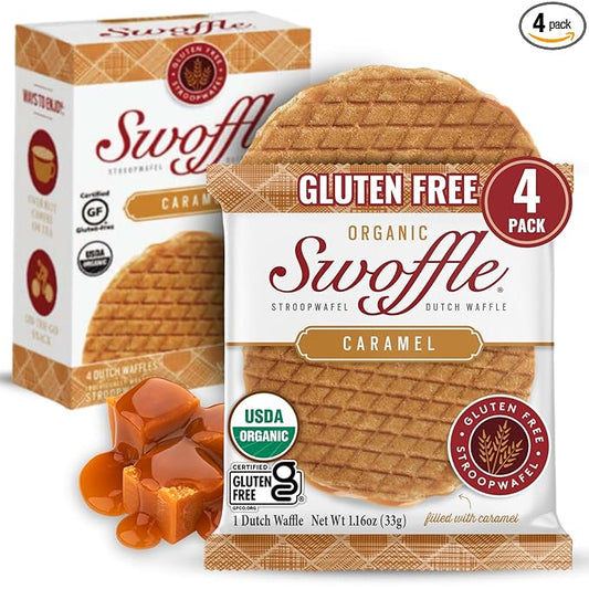 Gluten Free Organic Stroopwafels by Swoffle - Caramel Filled | (4) 1.16oz Wafers | non-GMO, Wheat