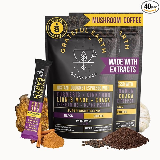 Grateful Earth Mushroom Coffee, Espresso Instant Coffee with Cinnamon, Turmeric, Lion’s Mane