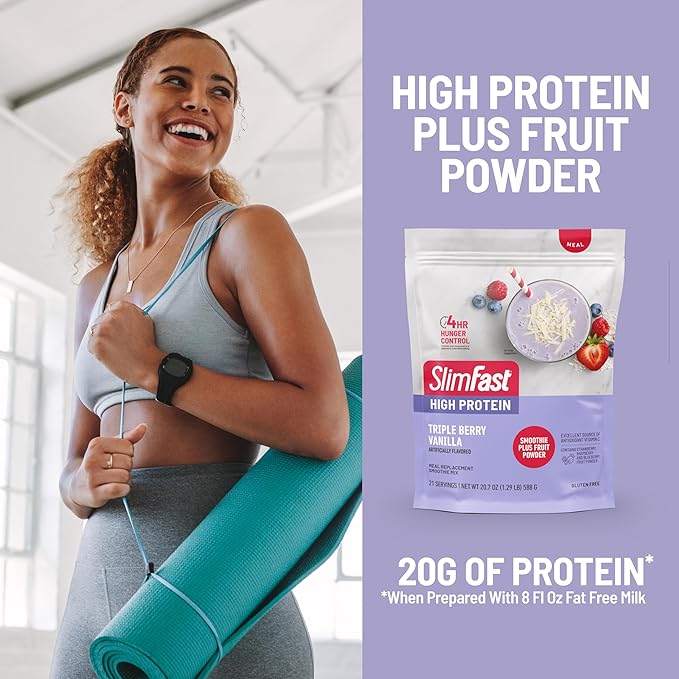 SlimFast High Protein Smoothie Mix Plus Fruit Powder, High Protein Meal Replacement Powder, Fiber