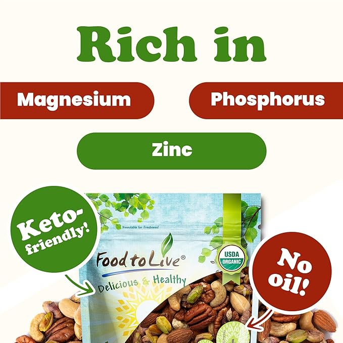 Food to Live Organic Four Nuts Mix, 1 Pound ??A Blend of Dry Roasted Pistachios, Almonds, Pecans