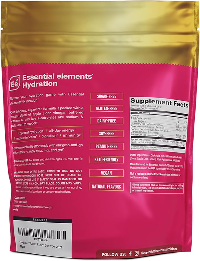 Essential Elements Hydration Packets - Watermelon Cucumber Pack - Sugar Free Electrolytes Powder