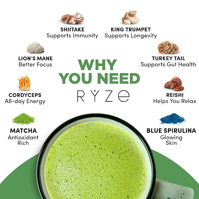 RYZE SUPERFOODS Mushroom Matcha, USDA Organic with 6 Adaptogenic Mushrooms and Ceremonial-Grade