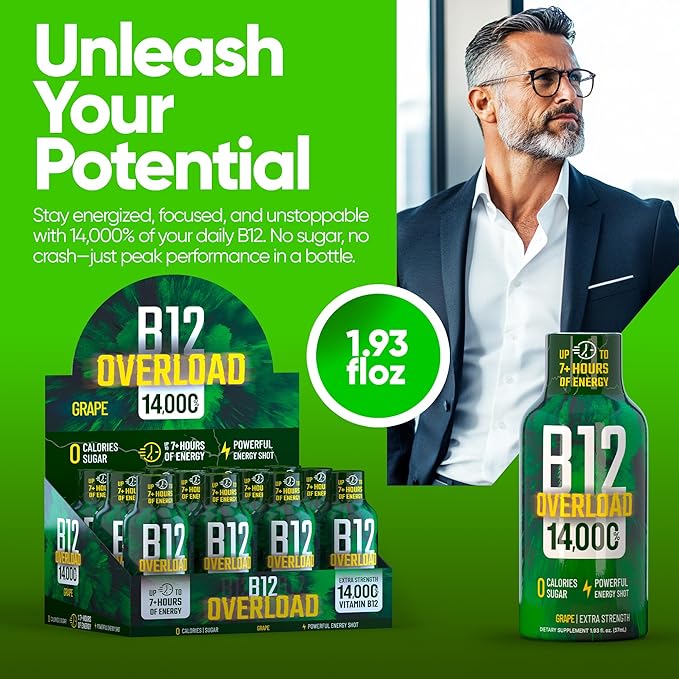 B12 Overload Extra Strength Energy Shot ??Grape ??260mg Caffeine, 14000% B12, Electrolytes ??Energy
