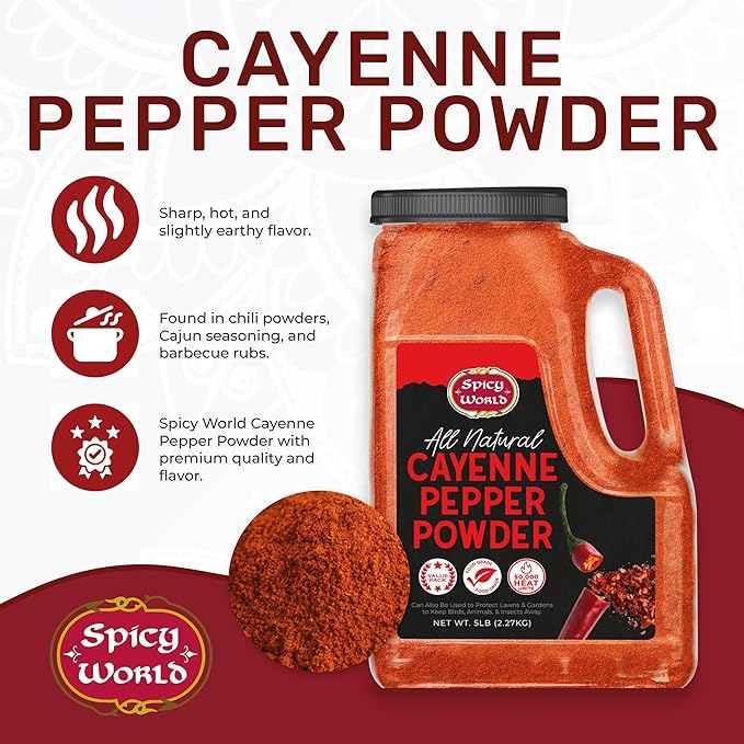 Spicy World Hot Cayenne Pepper Powder Bulk 5 LBS Jar - Red Ground Pepper 50,000 SHU Heat Unit