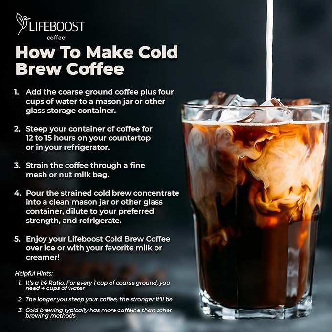 Lifeboost Dark Cold Brew Coffee - Single Origin Non-GMO USDA Organic Low Acid Coarse Ground Coffee