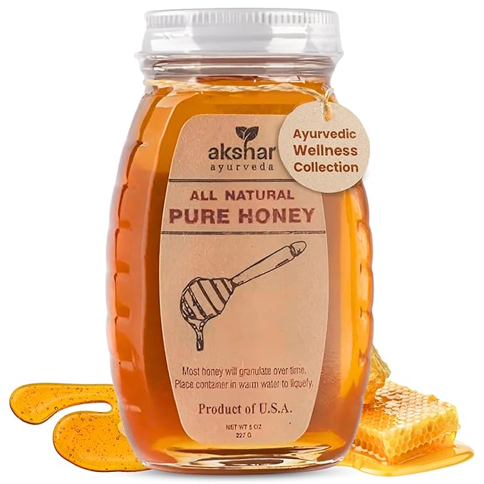Akshar Ayurveda - 8 Oz Pure Honey - All Natural USA Honey - Smooth & Easy to Pour, Stored in Glass