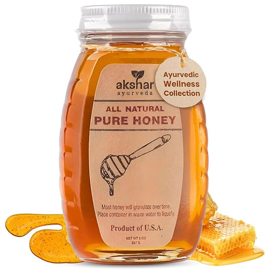Akshar Ayurveda - 8 Oz Pure Honey - All Natural USA Honey - Smooth & Easy to Pour, Stored in Glass