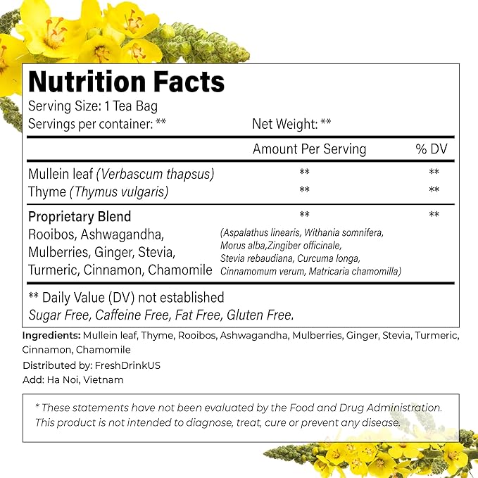 FreshDrinkUS, StrongerLungs 40 Tea Bags - Mullein Leaf, Ginseng, Elderberry, Ginger & Thyme