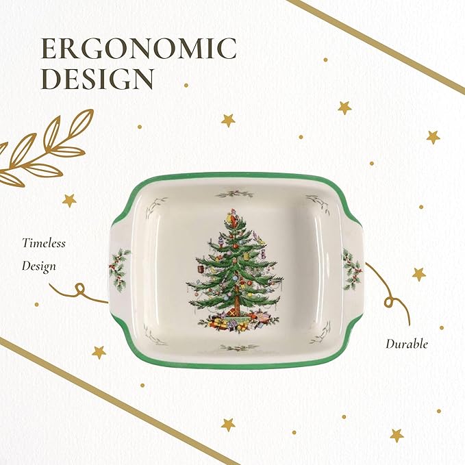 Spode Christmas Tree Rectangular Handled Dish (9" x 12") Baking & Seasonal Platters - Earthenware