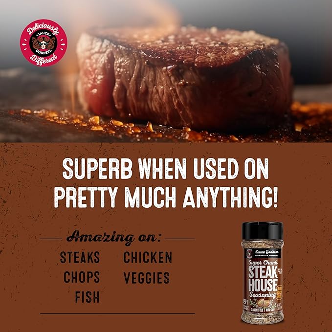 Sauce Goddess - Super Chunk Steakhouse Spice Shaker - Steak Seasoning, BBQ Rub for Chops, Chicken &