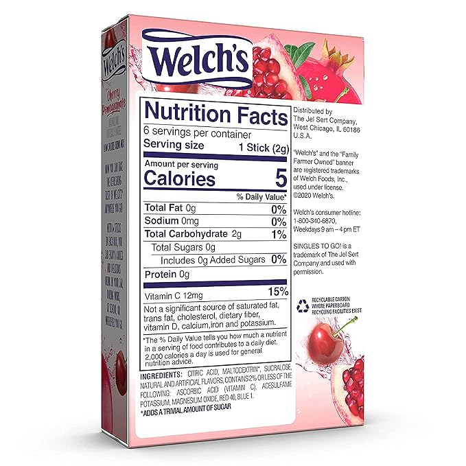 Welch's Singles To Go Water Drink Mix - Cherry Pomegranate Powder Stick Packets (12 Boxes with 6