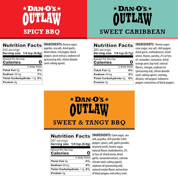 Dan-O's Outlaw Seasoning 3 Bottle Combo - Sweet & Tangy BBQ, Spicy BBQ, and Sweet Caribbean