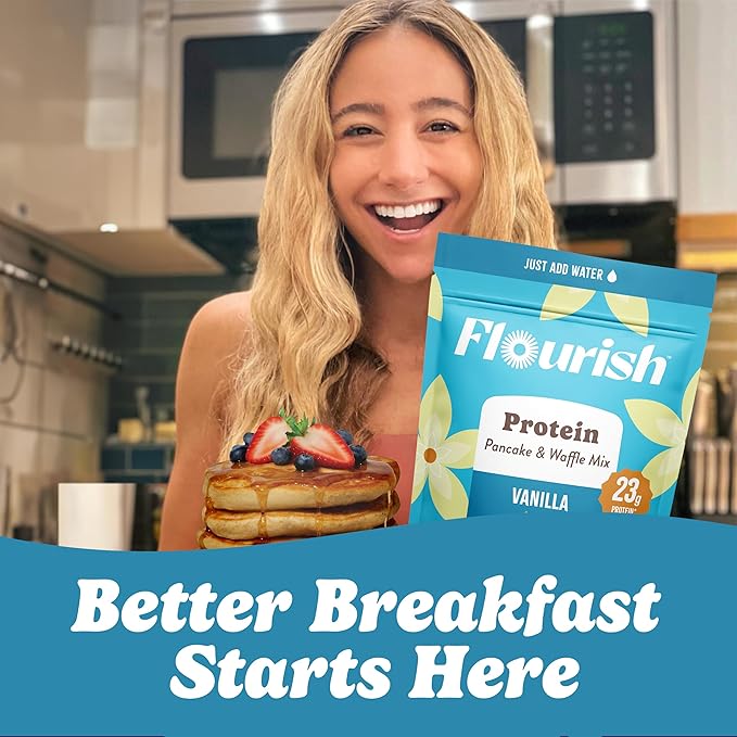 Flourish Protein Pancake & Waffle Mix, with Whey Protein & Flax Seed, No Added Sugar, High in