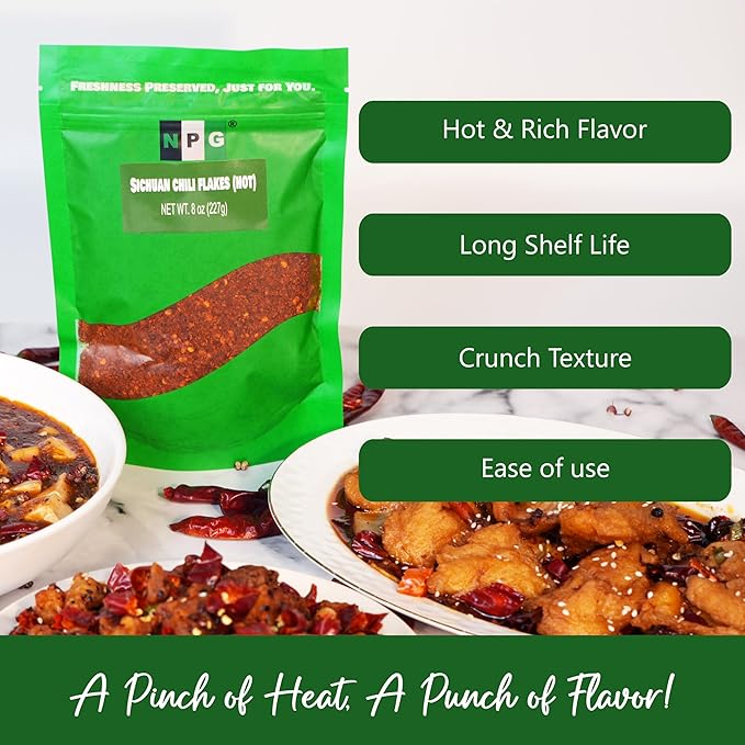 NPG Authentic Sichuan Chili Flakes 8 Ounce, Extra Hot, Szechuan Crushed Red Pepper Flake Bulk