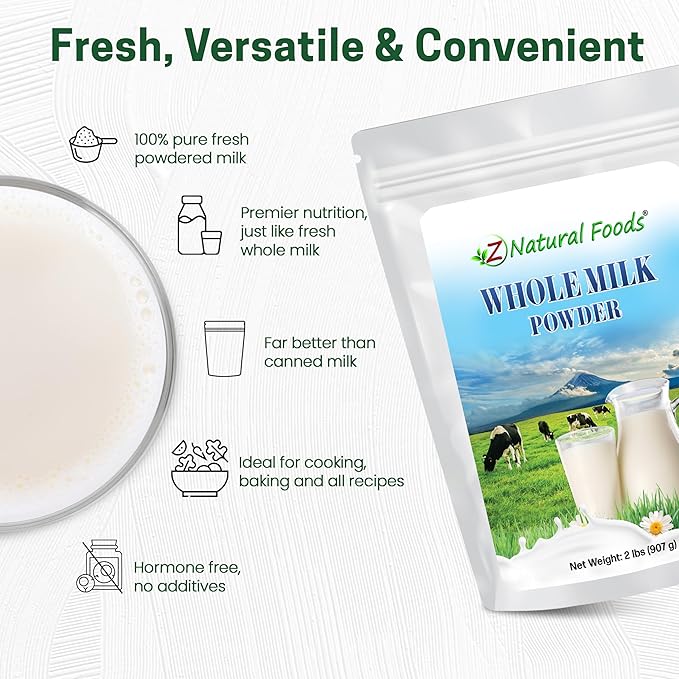 Z Natural Foods Premium Whole Milk Powder - Powdered Milk for Baking, Cooking, Drinks - Dry Milk