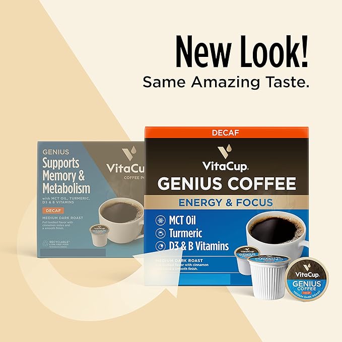 Decaf Genius Keto Coffee Pods with MCT Oil, Turmeric, and B Vitamins by VitaCup for Focus in