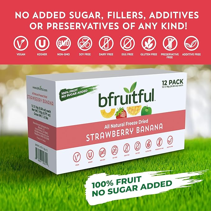 bfruitful Freeze-Dried Strawberry Banana, Freeze Dried Fresh Fruit Bites, Gluten Free, Vegan, Dairy