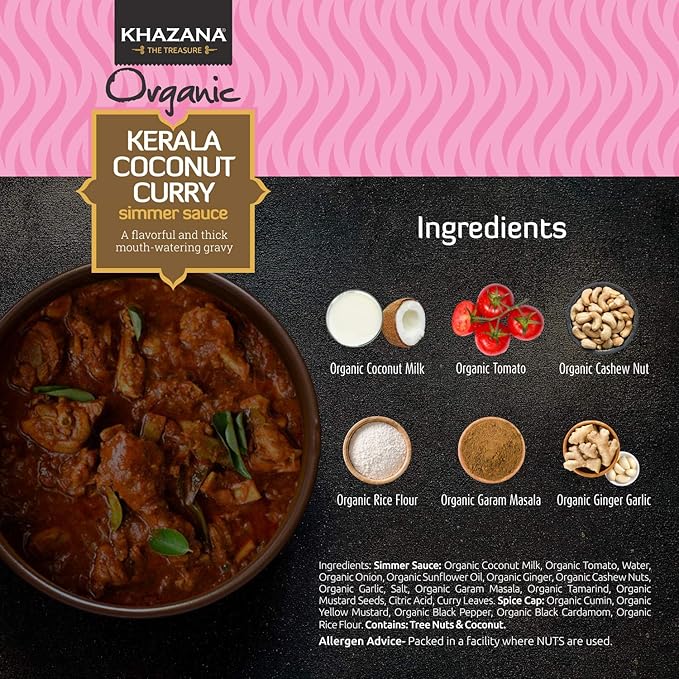 Khazana ORGANIC Kerala Coconut Curry Indian Simmer Sauce - 6 x 12.7oz Jars | Non-GMO, Vegan, Gluten