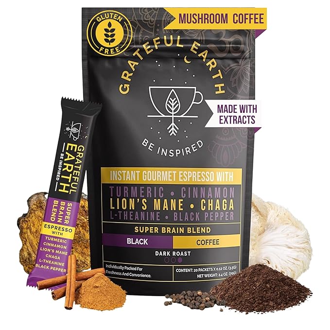 Grateful Earth Mushroom Coffee, Instant Espresso with Lion’s Mane Mushrooms, Chaga, L-Theanine
