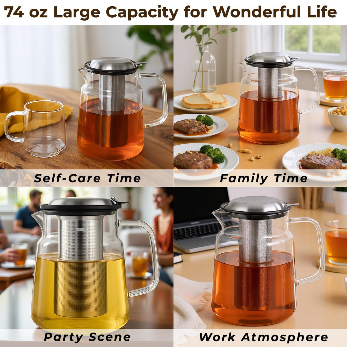 Aquach 74oz Glass Tea Pot with Infuser, Stovetop Safe Borosilicate Teapot