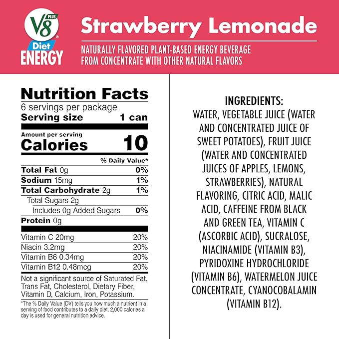 V8 Energy Diet Strawberry Lemonade Juice Energy Drink, 8 fl oz Can (6 Pack)